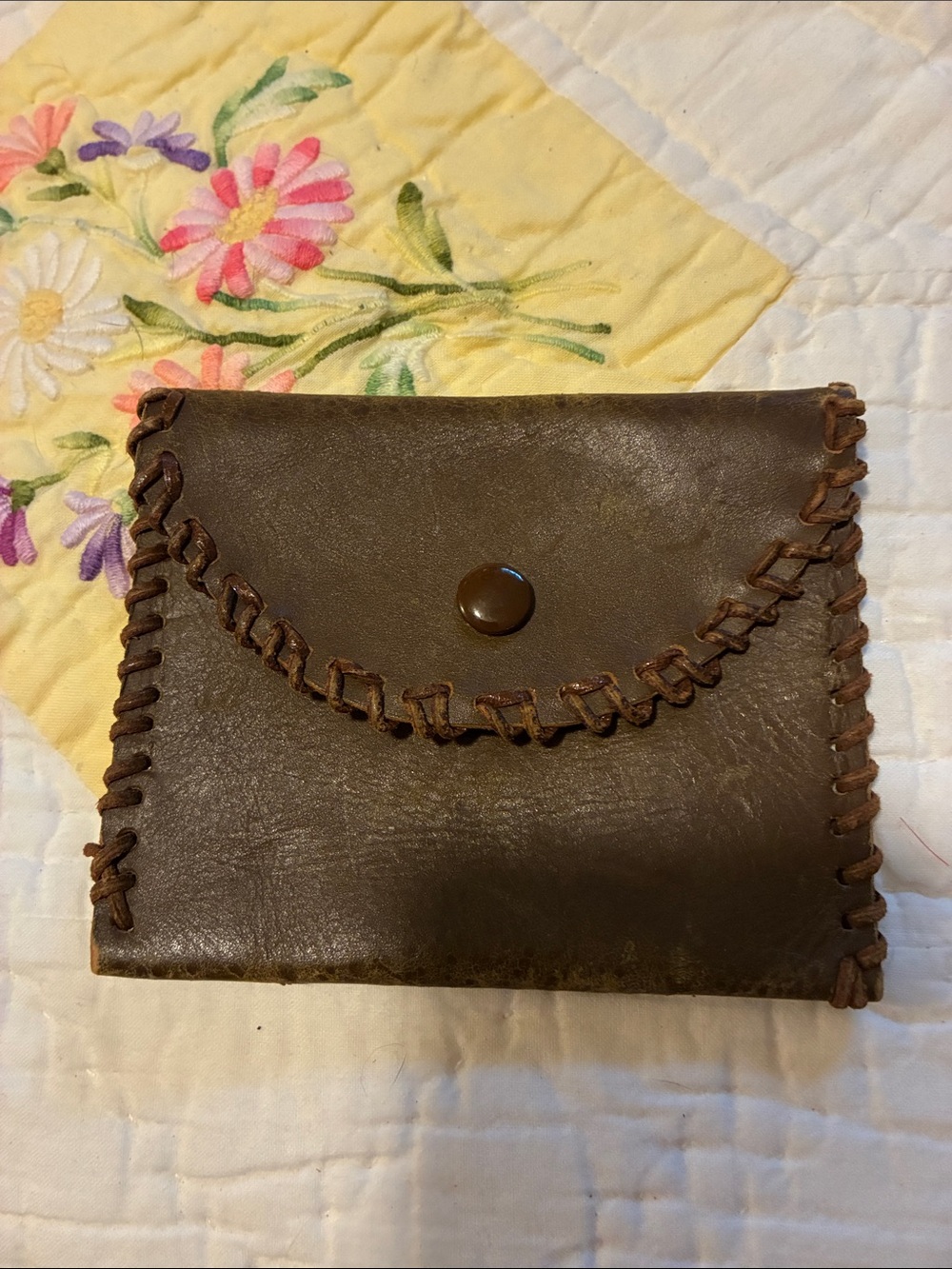 Hand-stitched Brown Leather Wallet with Snap Closure